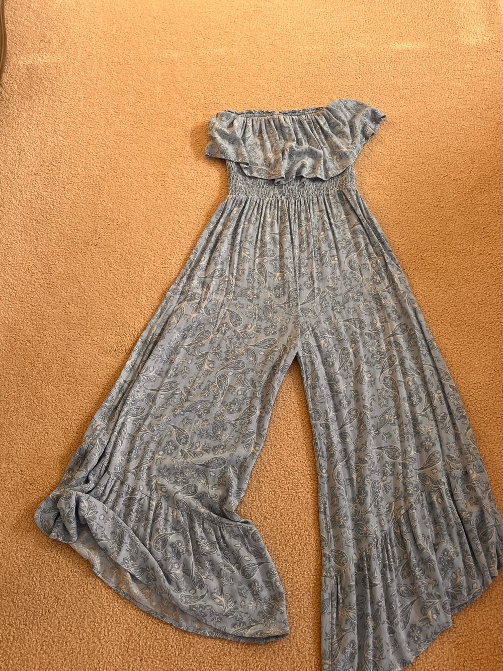 ILLA ILLA Light Blue Paisley Off-Shoulder Wide Leg Jumpsuit